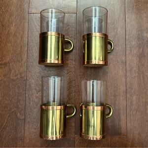 Vintage Beucler Irish Turkish Coffee Espresso Cups, Glass Copper Brass, Set of 4